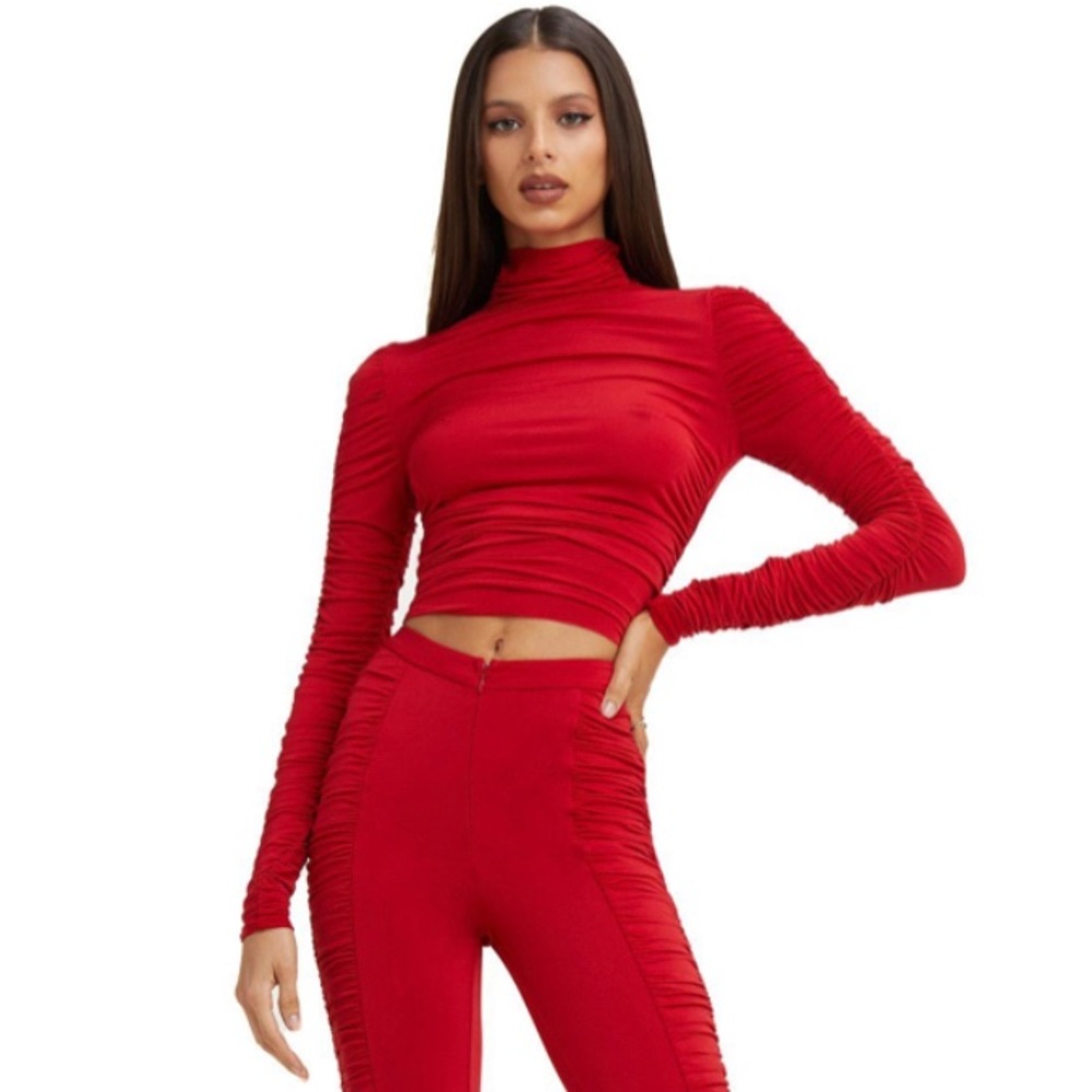 I.AM.GIA Red Xena Ruched Crop Long Sleeve Top